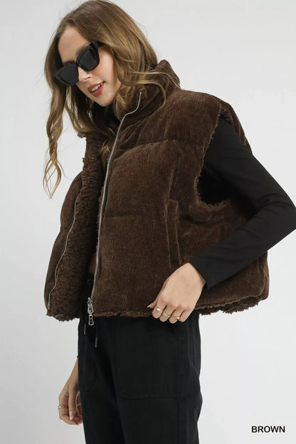 Umgee Sherpa-Lined Zip Vest with Drawstring Hem