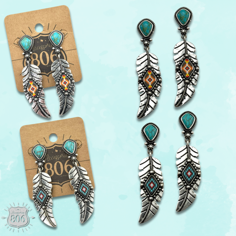 Silver feather on stone post earring - LC