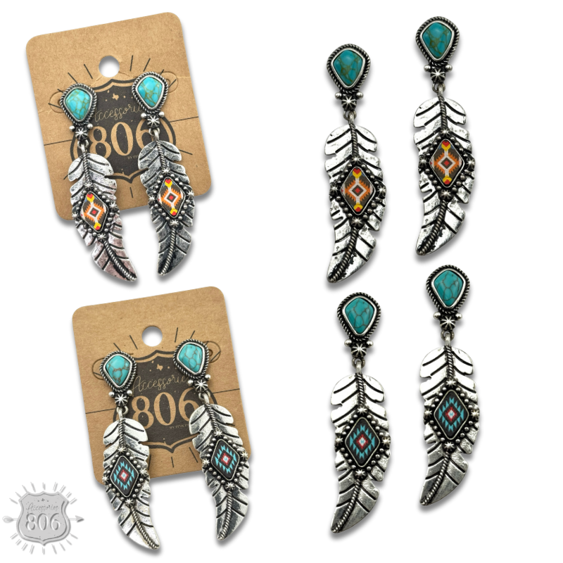 Silver feather on stone post earring - LC