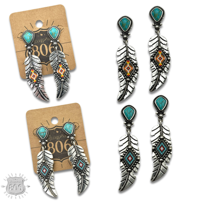 Silver feather on stone post earring - LC