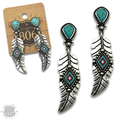 Silver feather on stone post earring - LC
