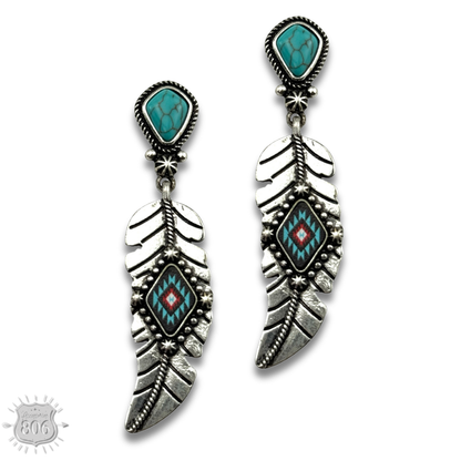 Silver feather on stone post earring - LC