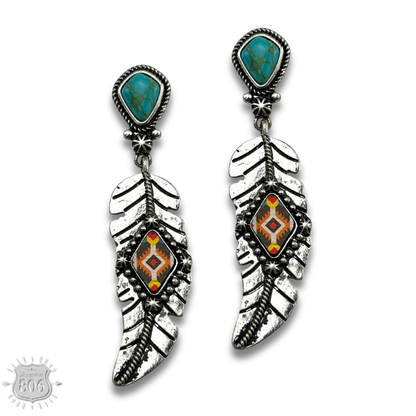 Silver feather on stone post earring - LC