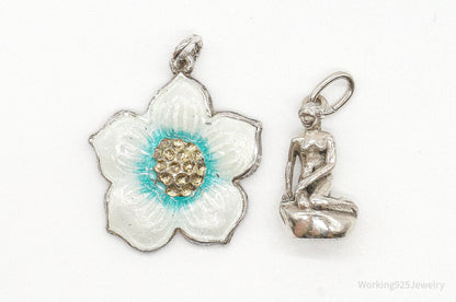 Vintage Modernist Enamel Flower Little Mermaid Sterling Silver Pendants