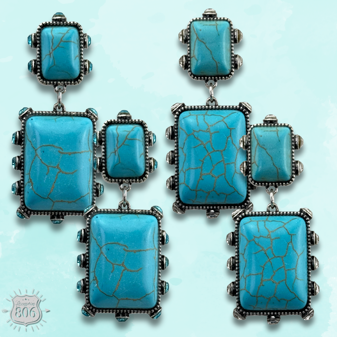 Turquoise and rhinestone double stone rectangle earring