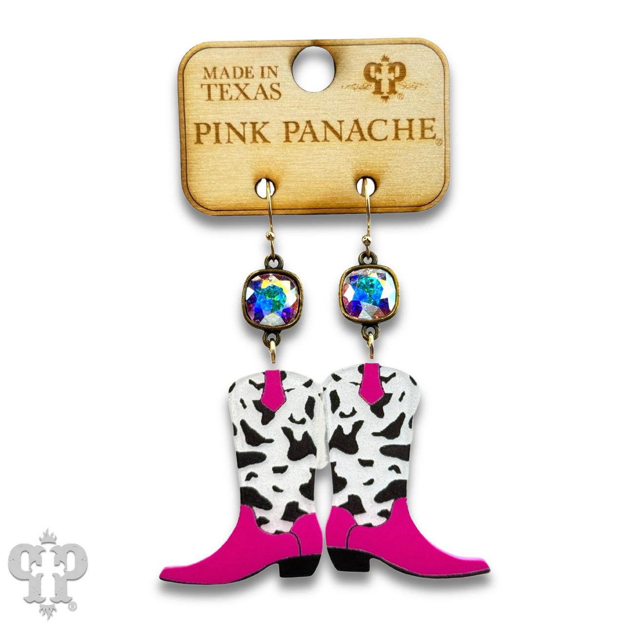 Cowprint cowboy boot earring with Austrian crystal