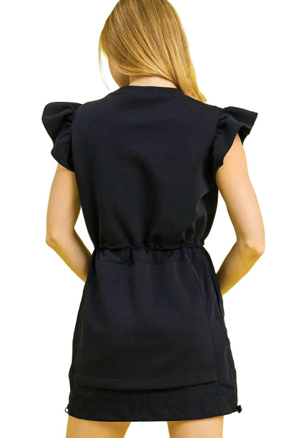 Garden Naked Womens Casual Mini Dress Elegant Ruffled Cap Sleeve Black Drawstring Waist Modern Statement Piece