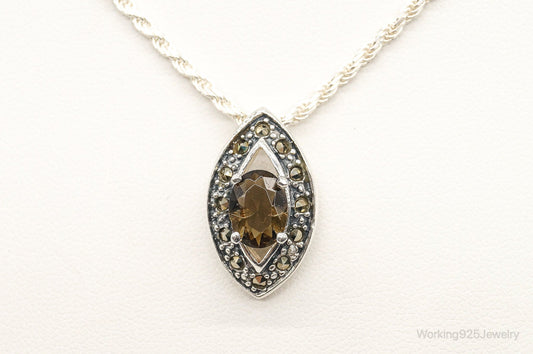 Vintage Smoky Topaz Marcasite Art Deco Sterling Silver Necklace