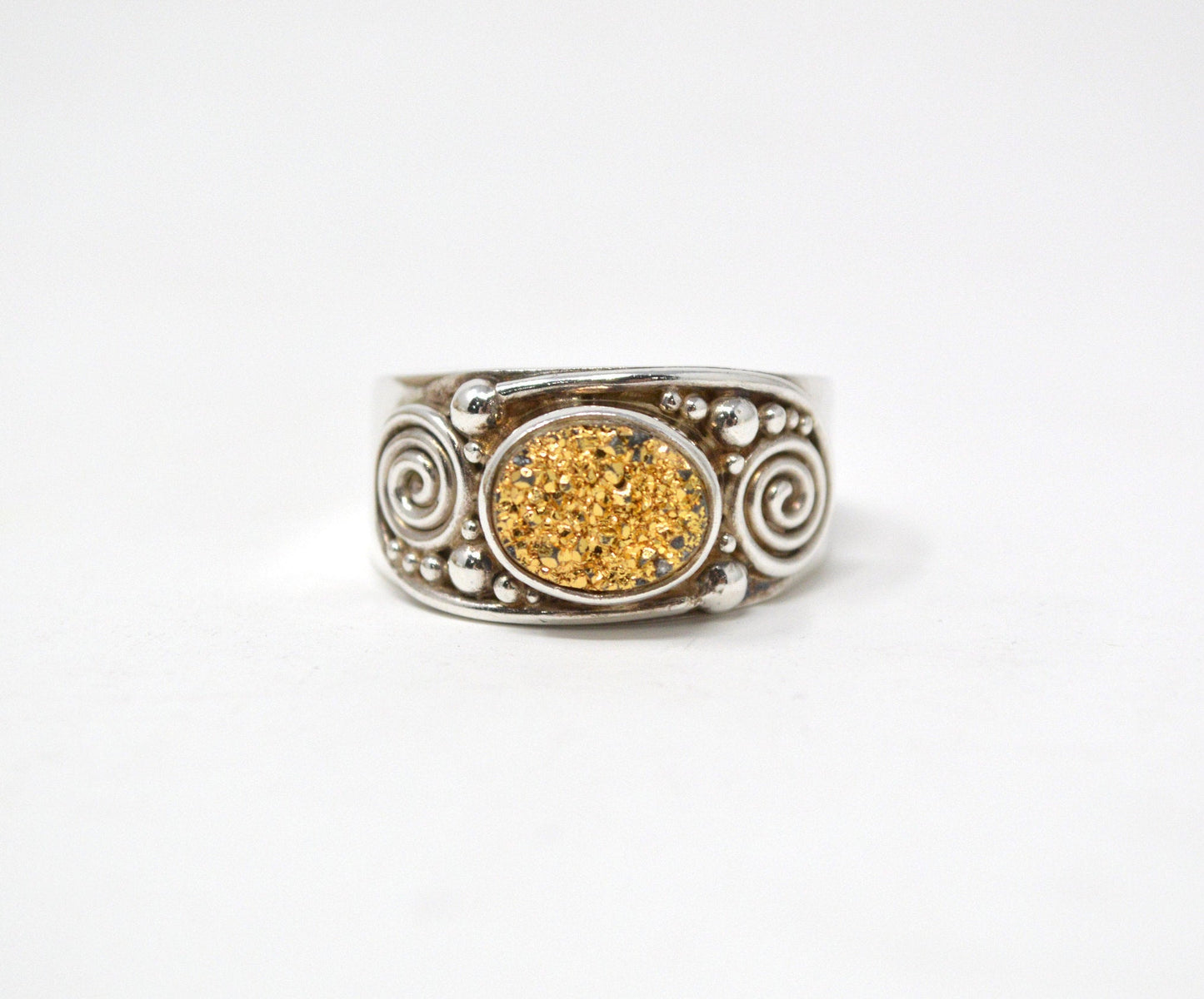 Vintage Designer Sajen Gold Druzy Sterling Silver Adjustable Ring - Size 10