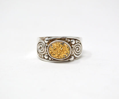 Vintage Designer Sajen Gold Druzy Sterling Silver Adjustable Ring - Size 10