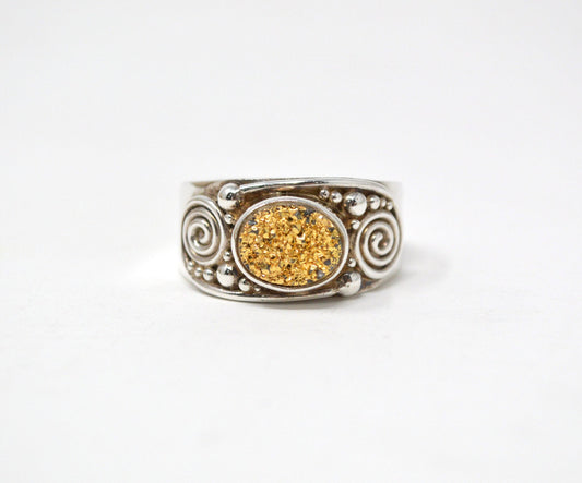 Vintage Designer Sajen Gold Druzy Sterling Silver Adjustable Ring - Size 10