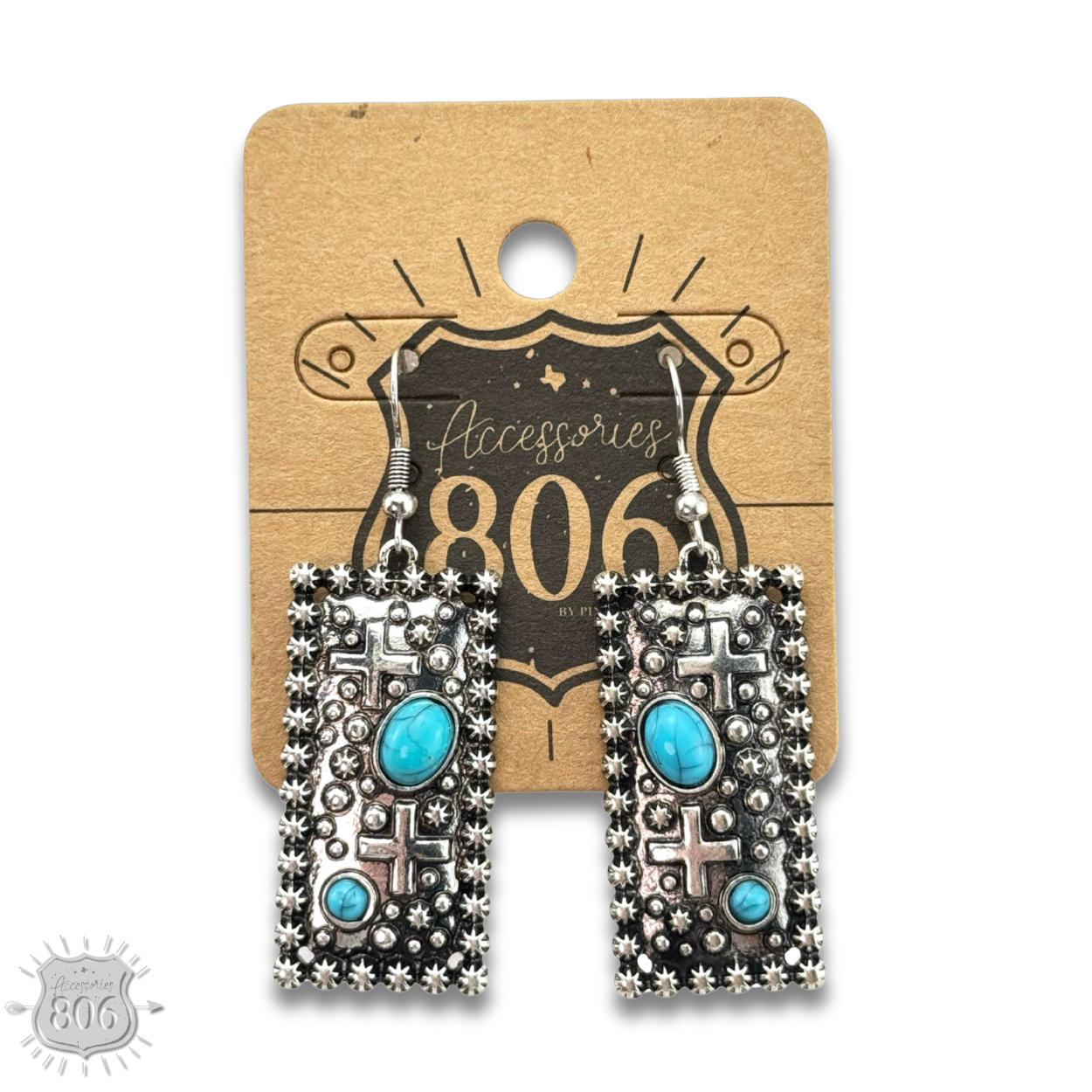 Western style rectangle earring with turquoise features