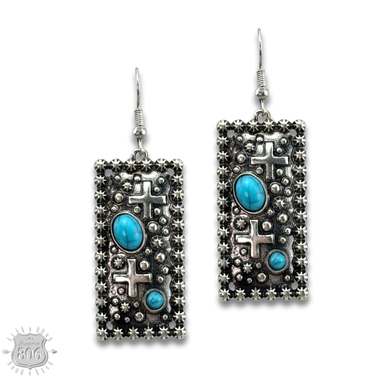 Western style rectangle earring with turquoise features