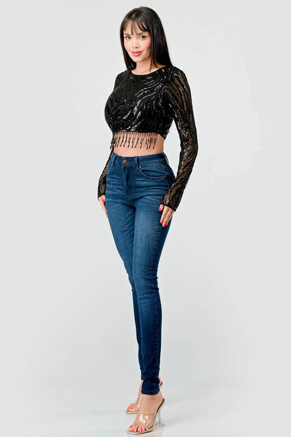 LUXE WAVE SEQUINS LONG SLEEVES STONE FRINGE DETAIL CROPPED TOP