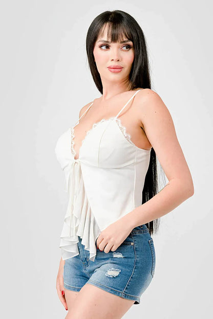 LACE TRIM SWEETHEART DRAWSTRING BOW TIE RUFFLED DRAPED CAMI TOP