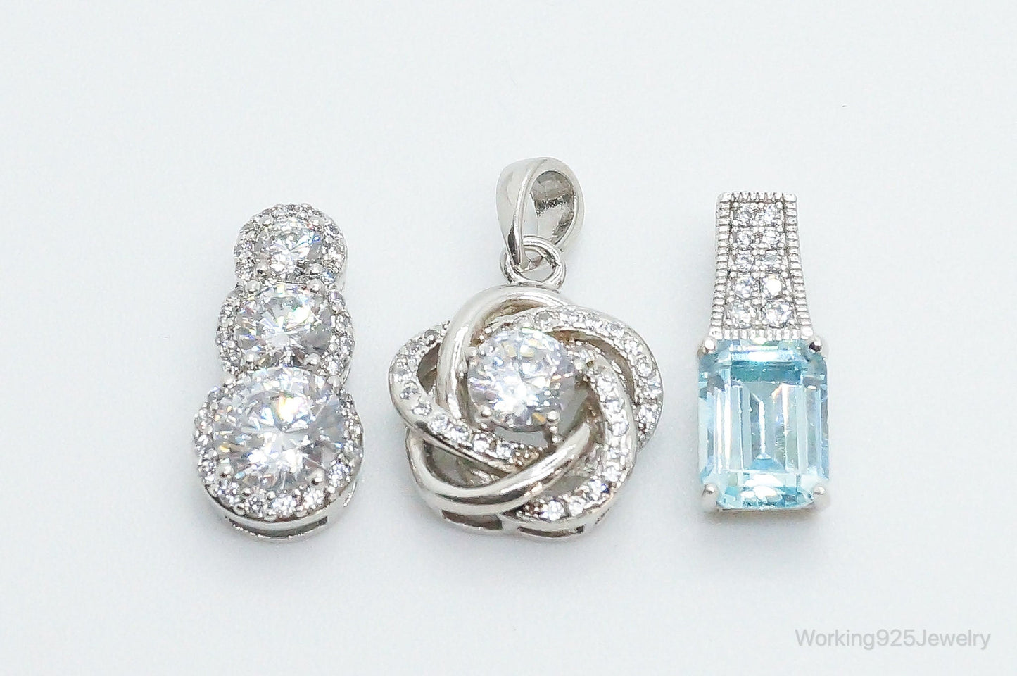 Vintage Blue Topaz & Cubic Zirconia Sterling Silver Necklace Pendants