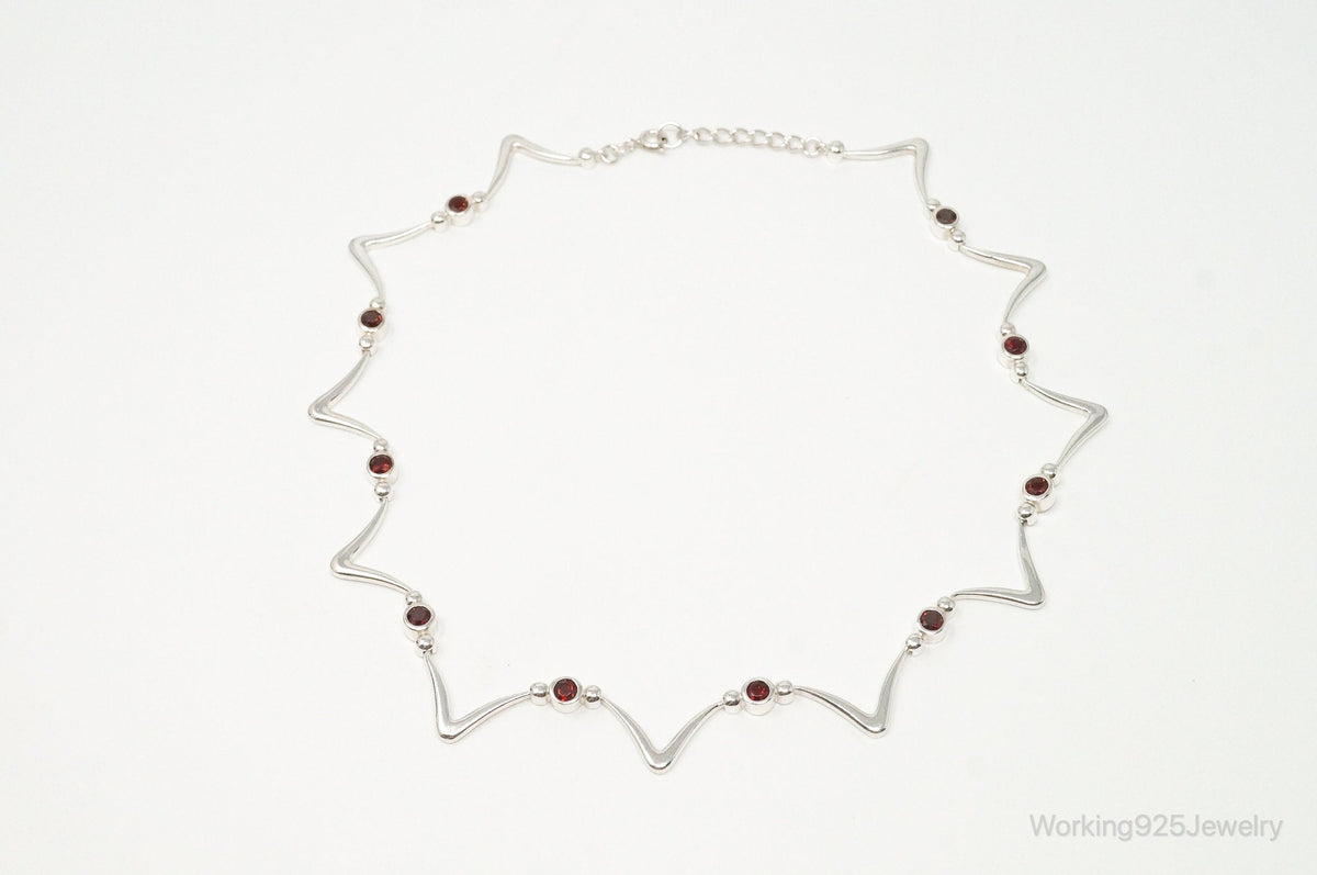 Vintage Modernist Style Garnet Sterling Silver Necklace