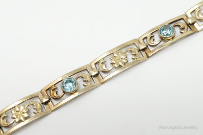 Vintage Designer Symmetalic 14K Gold Blue Topaz Art Deco SterlingSilver Bracelet