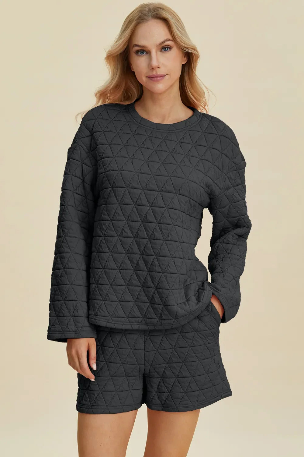 Double Take Textured Long Sleeve Top & Shorts Set