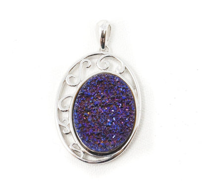 Vintage Designer TGGC Purple Druzy Quartz Art Deco Style Sterling Silver Pendant
