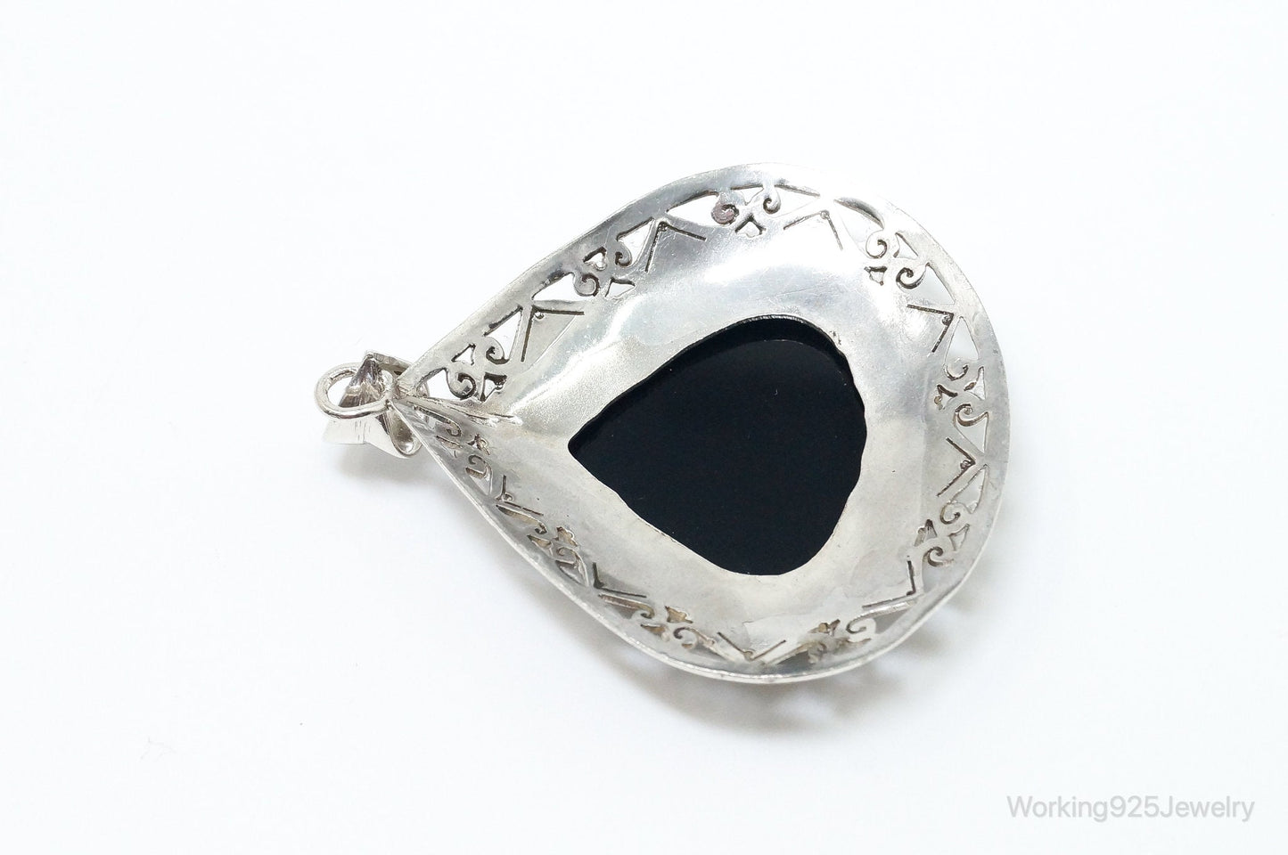 Large Vintage Black Onyx Bali Style Sterling Silver Necklace Pendant