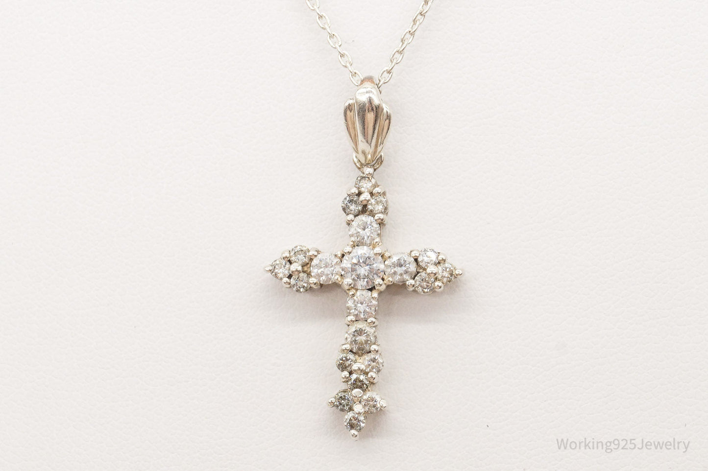 Vintage Cubic Zirconia Cross Sterling Silver Chain Necklace