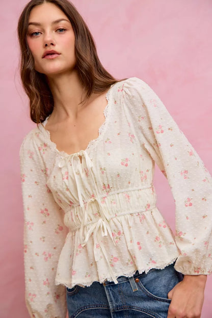SO ME Floral Clip Dot Lace Trim Ruched Bodice Blouse