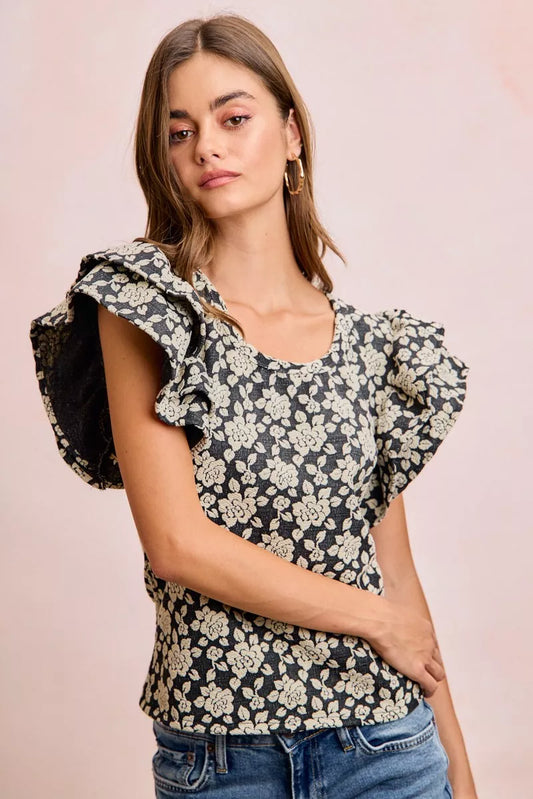 BiBi Floral Jacquard Ruffle Sleeves Knit Top