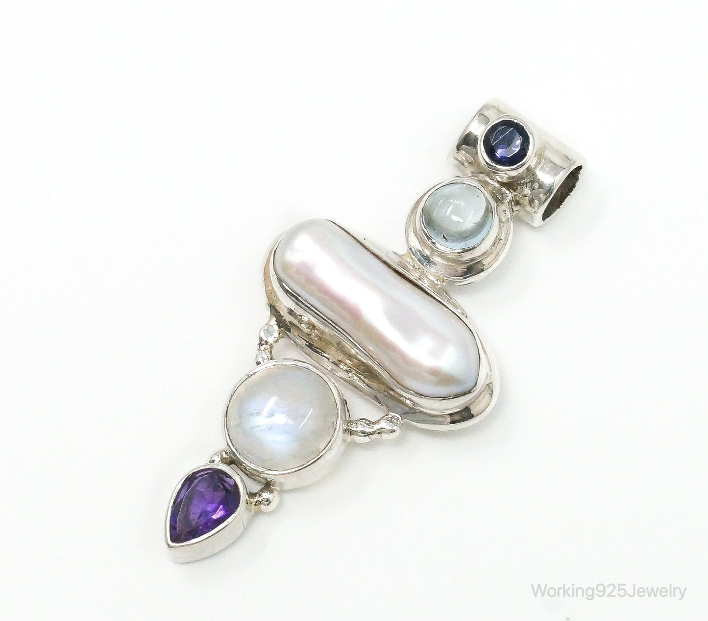 Large SJ Amethyst Blue Topaz Moonstone Iolite Sterling Silver Pendant