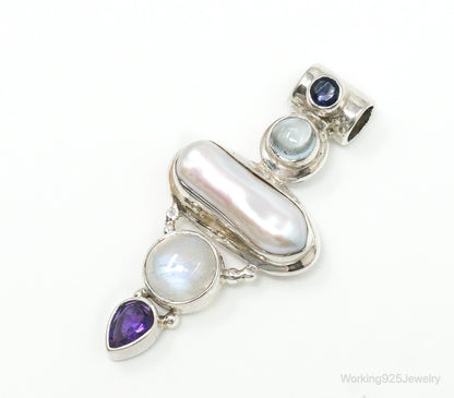 Large SJ Amethyst Blue Topaz Moonstone Iolite Sterling Silver Pendant