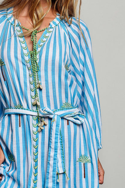 Palm Tree Embroidery Lightweight Striped Maxi Dres