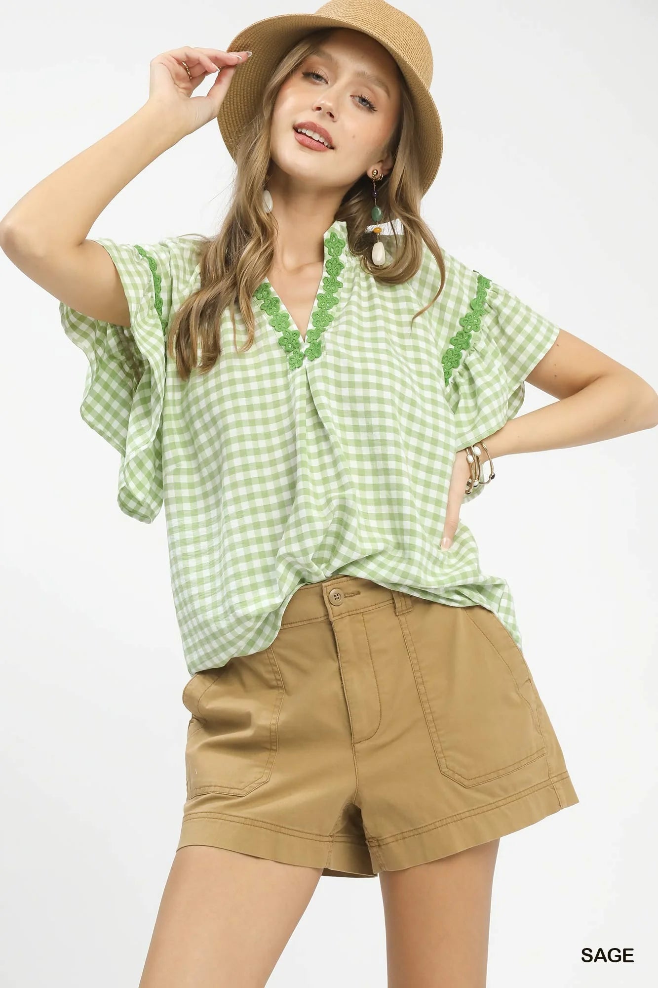 Umgee Gingham Lace Trim Top in Sage