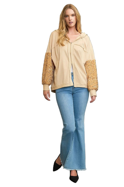 Garden Naked Womens Casual Bomber Jacket Sequin Embellished Hooded Cardigan Sparkly Beige Evening Party