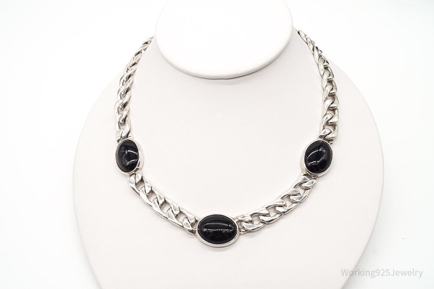 Vintage Black Onyx Curb Chain Sterling Silver Necklace