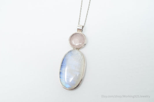 Vintage Large Moonstone Rose Quartz Sterling Silver Southwestern Necklace