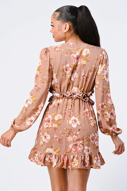 FLORAL CHIFFON V-NECK MINI DRESS