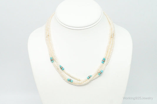 Vintage Native American Turquoise & Pearl Sterling Silver Bead Necklace