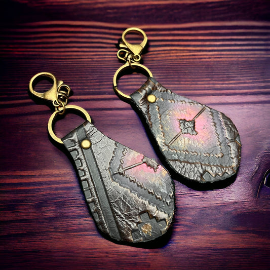 Western Embossed Leather Key Chain — Magenta Navajo Print (Handmade in Texas)