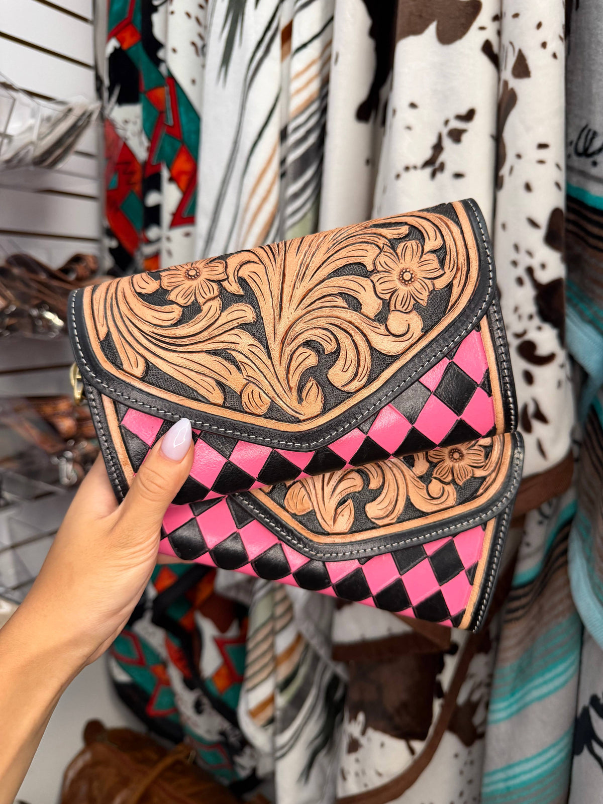 Checkered Tooled Leather Western Clutch Wallet & Wristlet