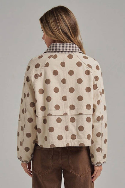 Polka Dot Canvas Fall Jacket with Gingham Collar-Multiple Colors
