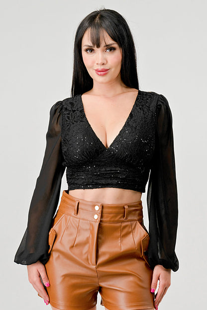 Luxe Lace Sequin Crop Top with Sheer Long Sleeves – Black or White