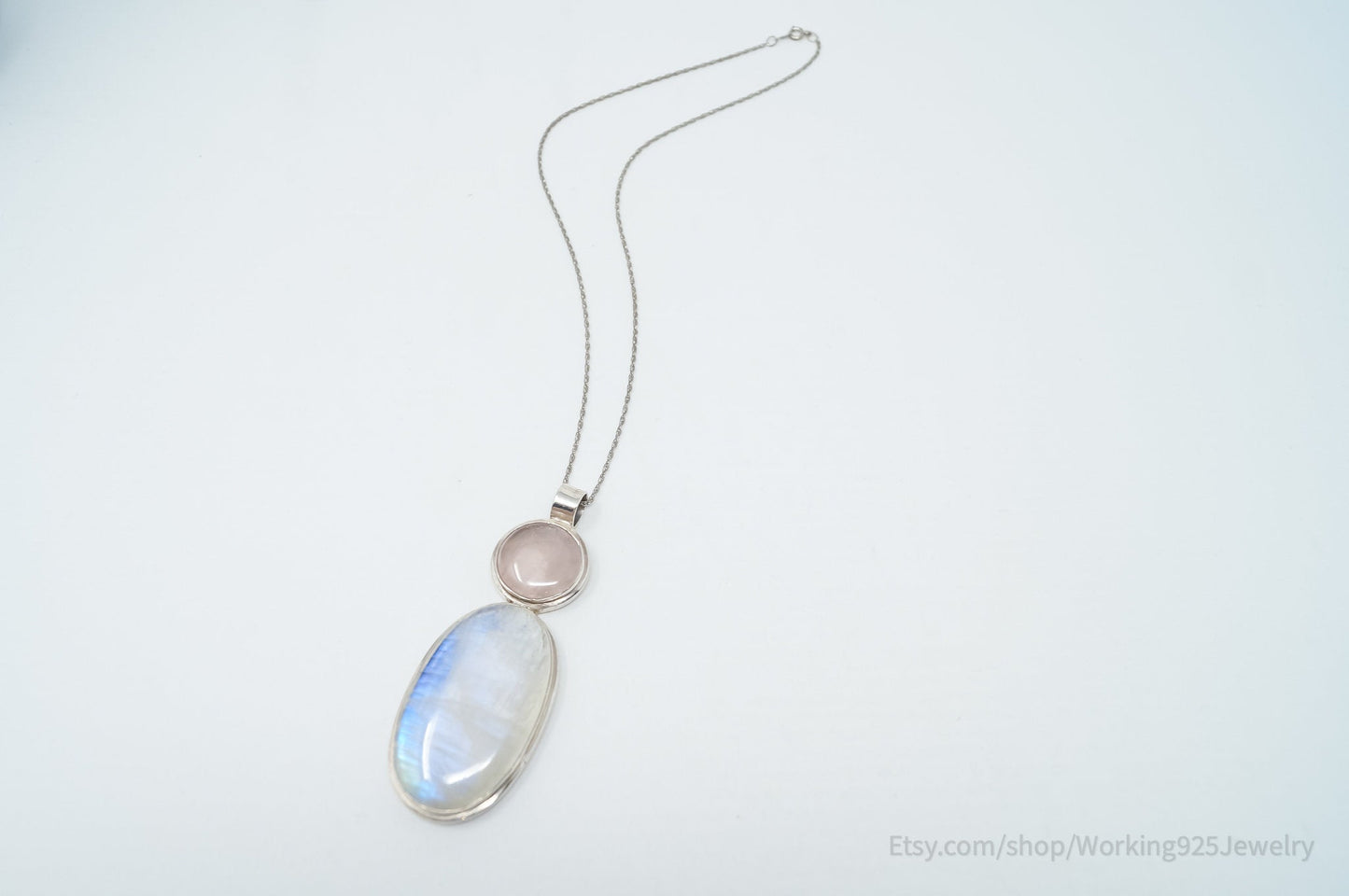 Vintage Large Moonstone Rose Quartz Sterling Silver Southwestern Necklace