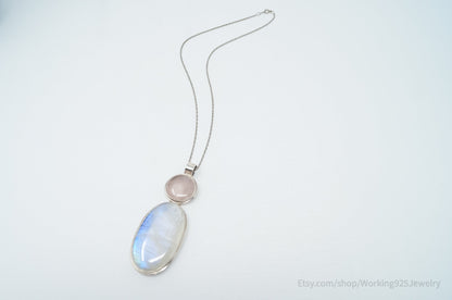 Vintage Large Moonstone Rose Quartz Sterling Silver Southwestern Necklace