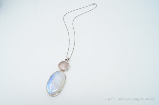 Vintage Large Moonstone Rose Quartz Sterling Silver Southwestern Necklace