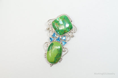 Vintage Large Green Turquoise Blue Topaz Sterling Silver Necklace Pendant
