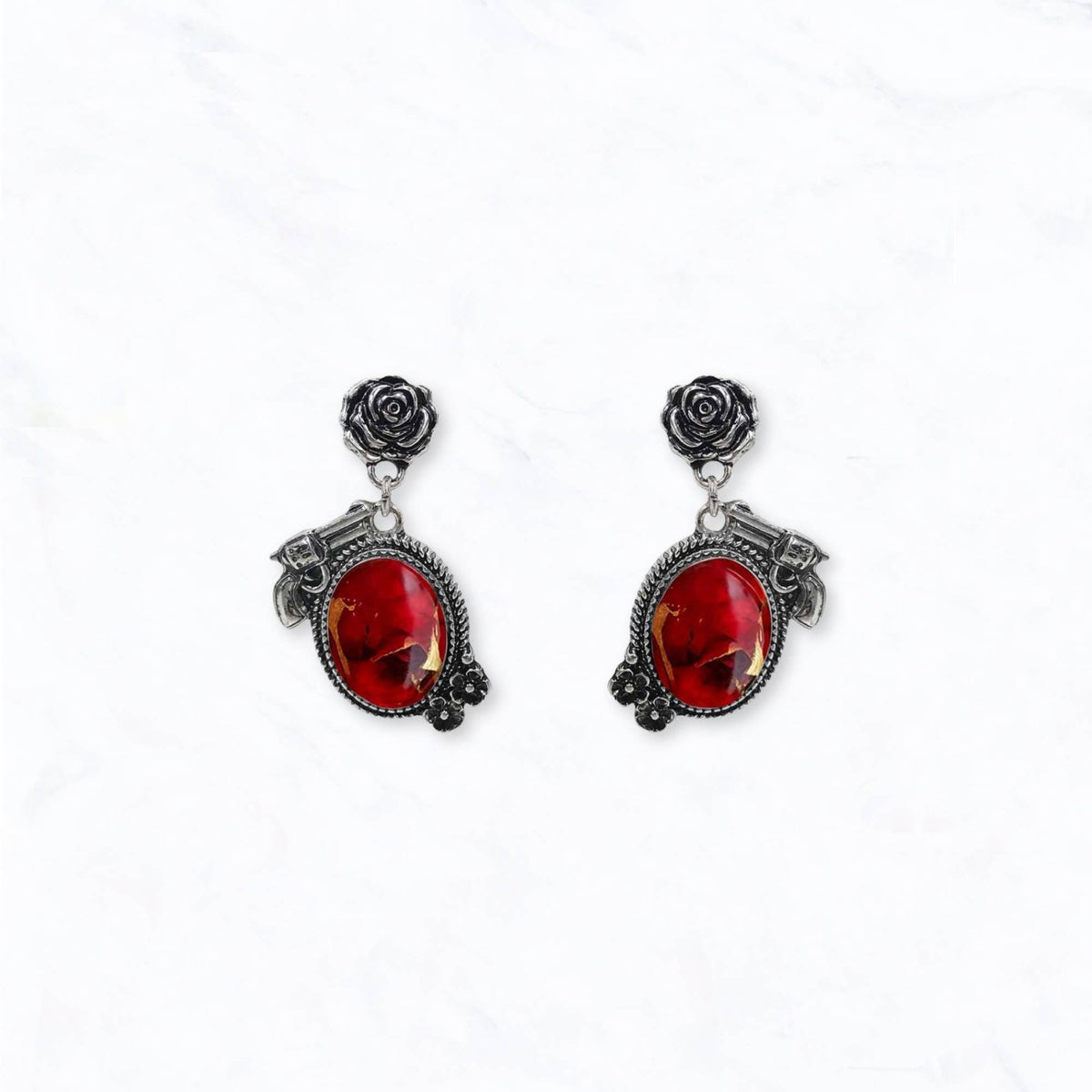 Western Engraved Revolver & Rose Drop Earrings: Turquoise