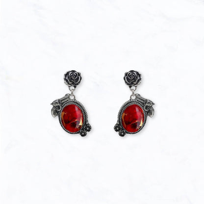 Western Engraved Revolver & Rose Drop Earrings: Turquoise