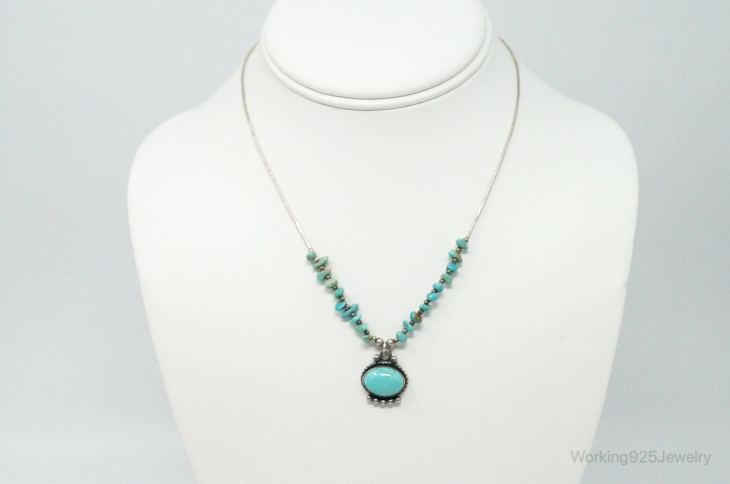 Vintage Native American Large Turquoise Sterling Silver Bead Necklace
