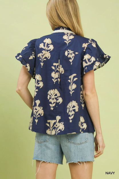 Umgee Floral Ruffle Sleeve Split-Neck Top