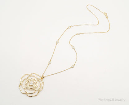 Vintage Cubic Zirconia Gold Vermeil Sterling Silver Flower Necklace 18"